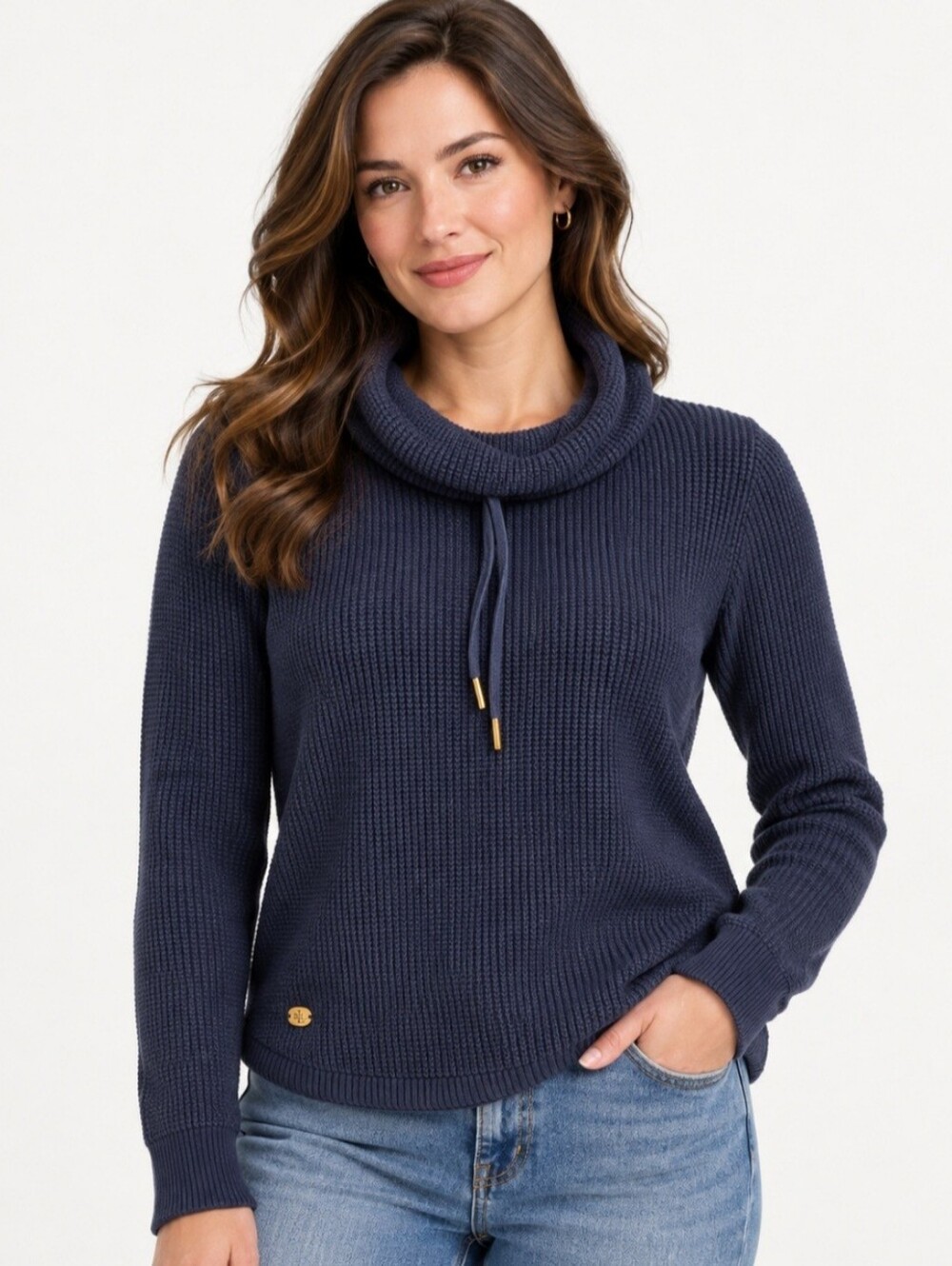 Lauren Ralph Lauren Navy 100% Cotton Waffle Knit Cowl Neck Sweater M Preppy